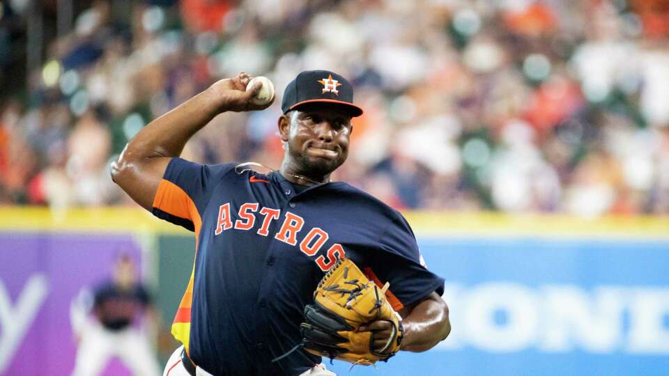 Houston Astros starting pitcher Ronel Blanco (56) throws the ball during the first inning of an MLB baseball game at Minute Maid Park on Sunday, July 14, 2024, in Houston.