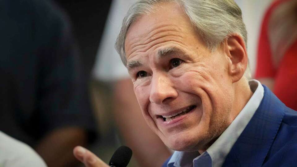 Gov. Greg Abbott holds a press conference on response and recovery efforts after Hurricane Beryl Sunday, July 14, 2024 at Gallery Furniture in Houston.