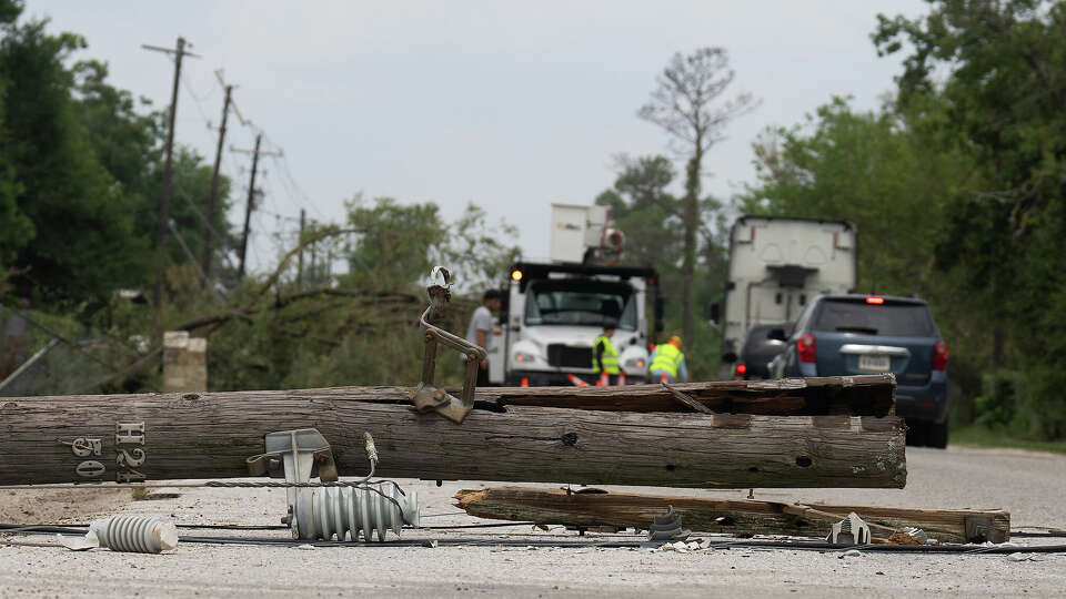 A broken electricity pole on Green River Road as a result of Hurricane Beryl on Thursday, July 11, 2024 in Houston.