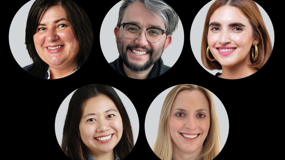 Houston Chronicle newsroom's senior leadership team. Top row, from left to right: Kelly Ann Scott, Fernando Alfonso III, Alejandra Matos. Bottom row, from left to right: Jennifer Chang, Yaffa Fredrick.