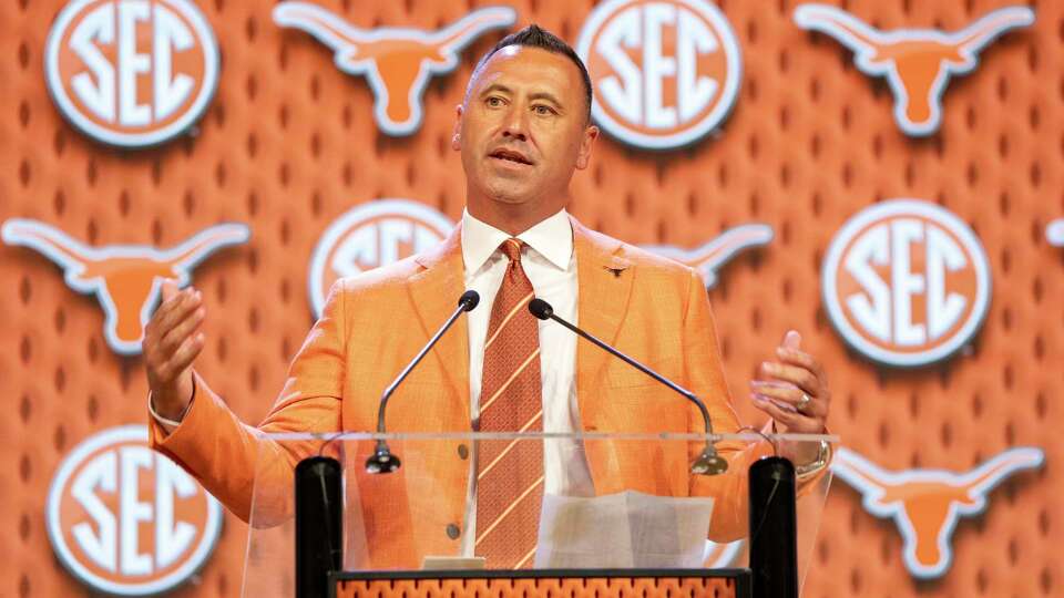 Texas head football coach Steve Sarkisian speaks during the Southeastern Conference NCAA college football media days Wednesday, July 17, 2024, in Dallas. (AP Photo/Jeffrey McWhorter)