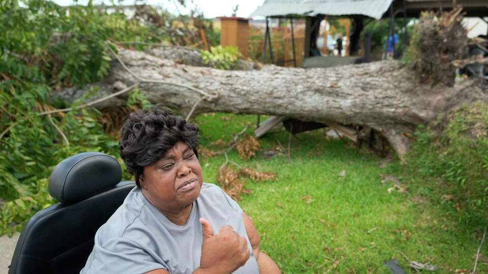 Lynn Williams talks about the Hurricane Beryl damage to her home as union member volunteers work to clear debris Tuesday, July 16, 2024, in Houston. She has lived in the East Aldine home for 38 years and planted the pecan tree after growing it from a sprout years earlier.