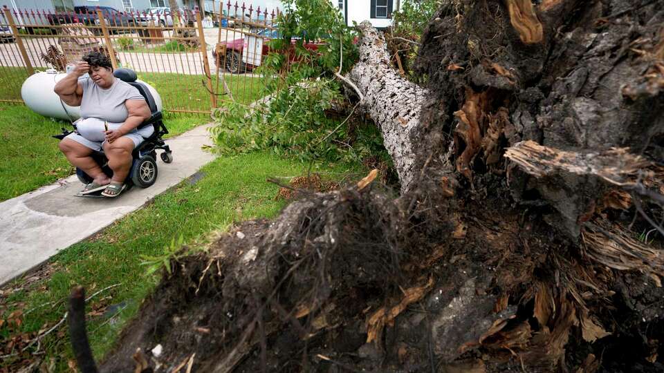 Lynn Williams talks about the Hurricane Beryl damage to her home as union member volunteers work to clear debris Tuesday, July 16, 2024, in Houston. She has lived in the East Aldine home for 38 years and planted the pecan tree after growing it from a sprout years earlier.