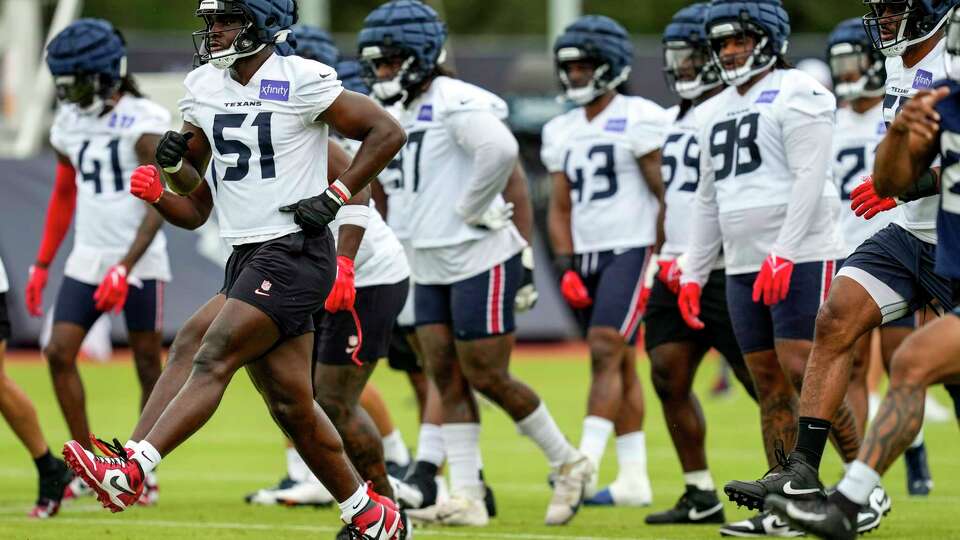 Houston Texans defensive end Will Anderson Jr. (51) warms up during an NFL training camp Thursday, July 18, 2024, in Houston.