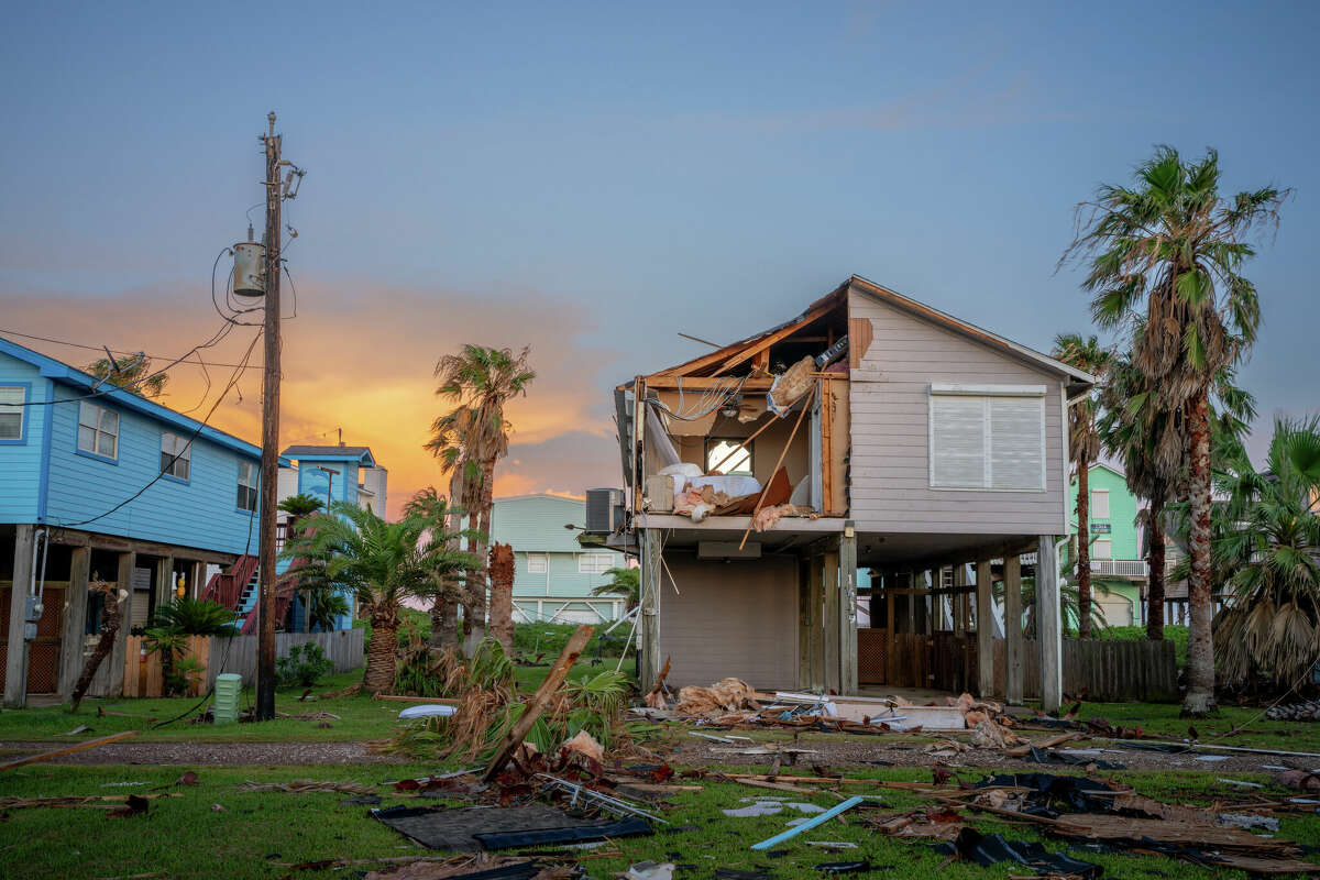 FREEPORT, TEXAS - JULY 08: A home is severely damaged after Hurricane Beryl swept through the area on July 08, 2024 in Freeport, Texas. Tropical Storm Beryl developed into a Category 1 hurricane as it hit the Texas coast late last night. (Photo by Brandon Bell/Getty Images)