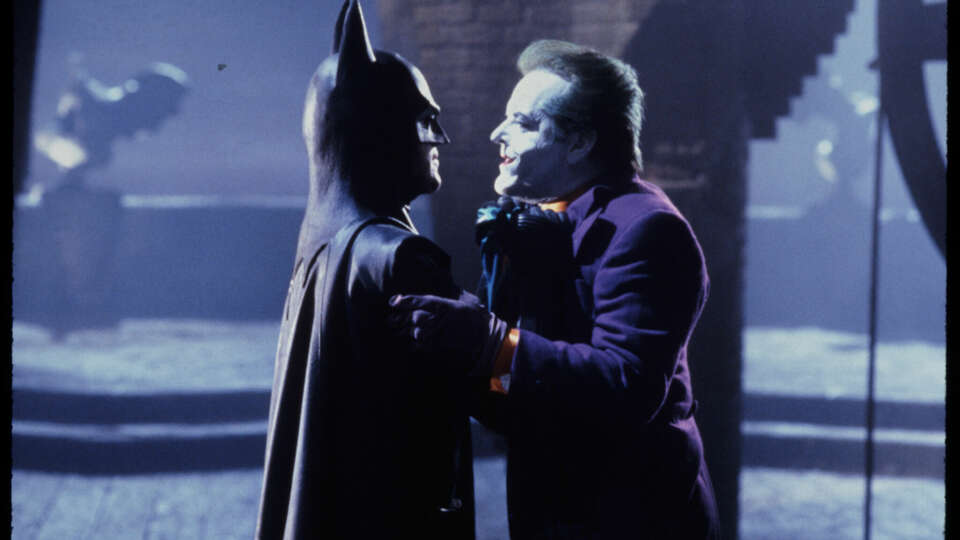 Michael Keaton as Batman, Jack Nicholson as Joker in Batman, 1989 DC Comics.