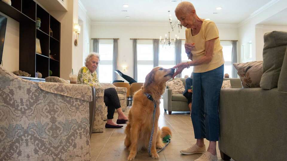 Pat Quigley, 87, feeds a treat to her dog Shiloh on Wednesday July 17, 2024 in the common area of Ivy Point Kingwood senior apartments in Kingwood, TX following Hurricane Beryl. The complex has a permanent generator that kept the central air, lights and kitchen in the common area powered up despite still being without power from the grid.