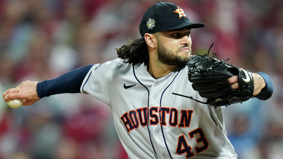 Houston Astros starting pitcher Lance McCullers Jr. (43) delivers in the third inning during Game 3 of the World Series at Citizens Bank Park on Tuesday, Nov. 1, 2022, in Philadelphia.