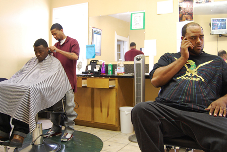 Barber shop customers employees debate on political future