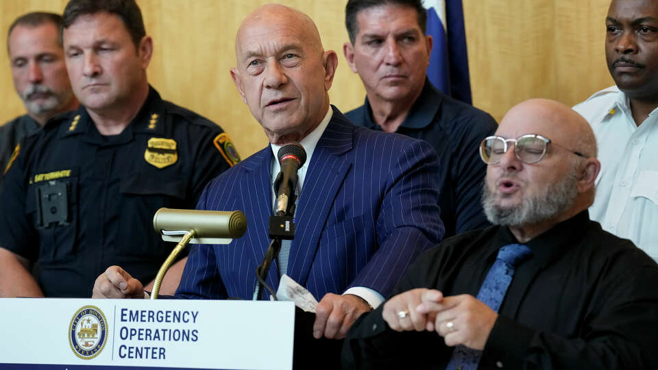 Houston Mayor John Whitmire disputes critical comments from Council Member Edward Pollard regarding the city’s preparation and response to Hurricane Beryl during a press conference Sunday, July 21, 2024 at the Office of Emergency Management in Houston.