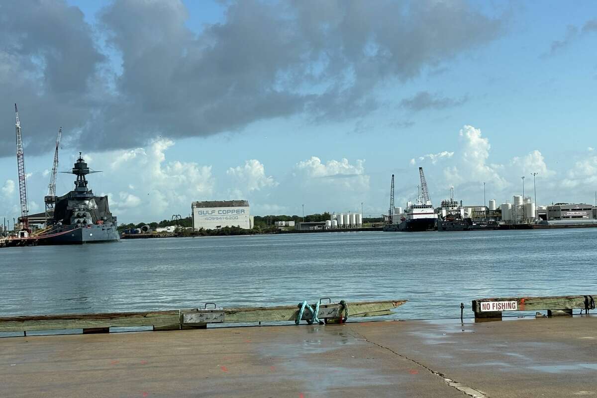 Pier 21 Monday morning, with the Battleship Texas at left. About 24 hours earlier, the pier was crowded with emergency vehicles looking for a car that had crashed into the harbor overnight.