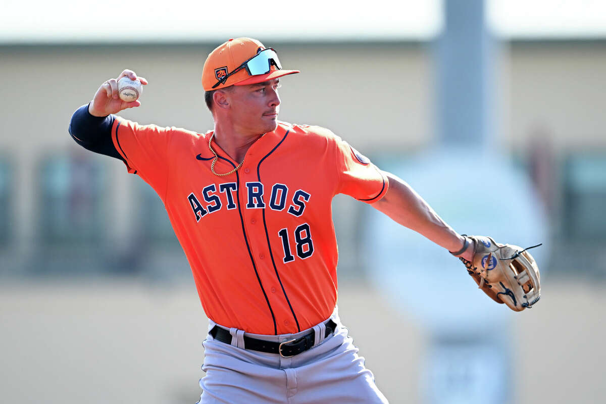 Zach Dezenzo #18 of the Houston Astros warms up during the first inning of a spring training Spring Breakout game against the St. Louis Cardinals at Roger Dean Chevrolet Stadium on March 17, 2024 in Jupiter, Florida.