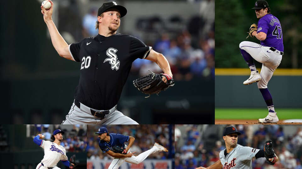 With the Astros' biggest need at starting pitching, here are five starters they could target before Tuesday's MLB trade deadline (clockwise from top left): The White Sox's Erick Fedde, Rockies' Cal Quantrill, Rangers' Michael Lorenzen, Rays' Zach Eflin and Tigers' Jack Flaherty.