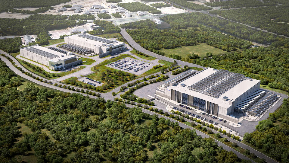 A pair of data center buildings totaling 276,000 square feet that CyrusOne is building along Omicron Drive on the far West Side are seen in this rendering provided by the company.