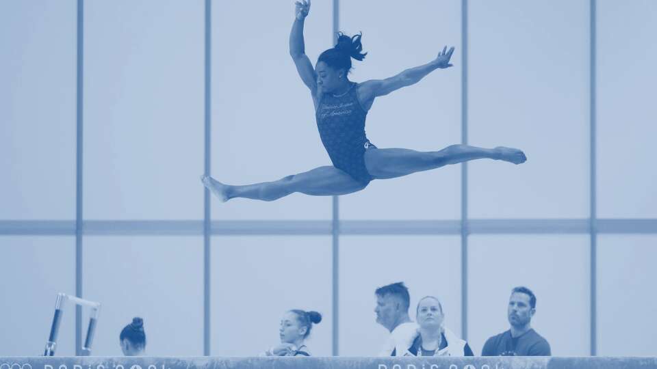 LE BOURGET, FRANCE - JULY 23: Simone Biles of Team United States practices on the balance beam during a training session ahead of the Paris Olympic Games at Gymnastic Training Centre of Le Bourget on July 23, 2024 in Le Bourget, France.