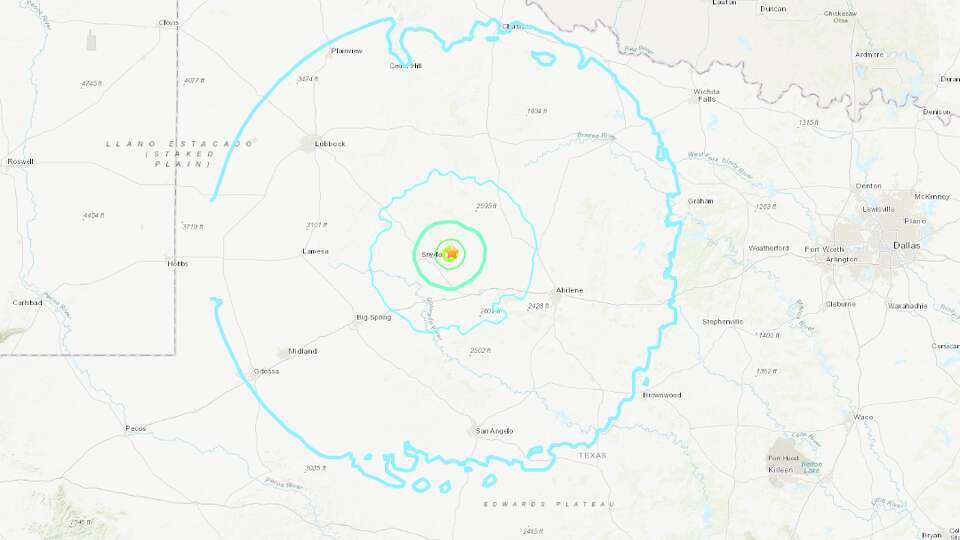 This USGS shakemap from Friday, July 26, 2024, shows the approximate the shake intensity of the 5.1-magnitude earthquake that struck near Snyder.