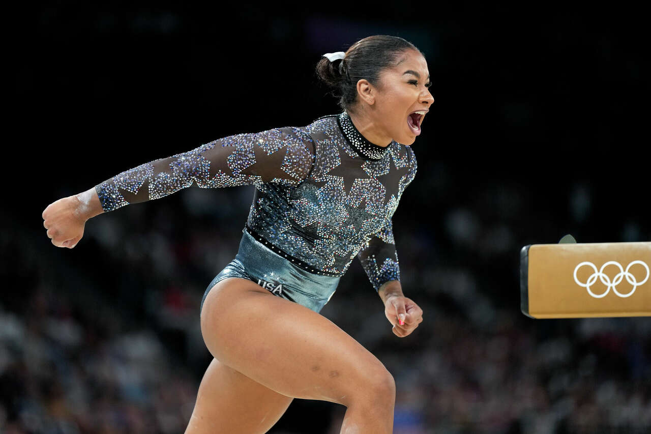 Jordan Chiles reacts to her performance on the balance beam in team qualifying. She was third in all-around behind Simone Biles and Suni Lee but only two per team can advance.