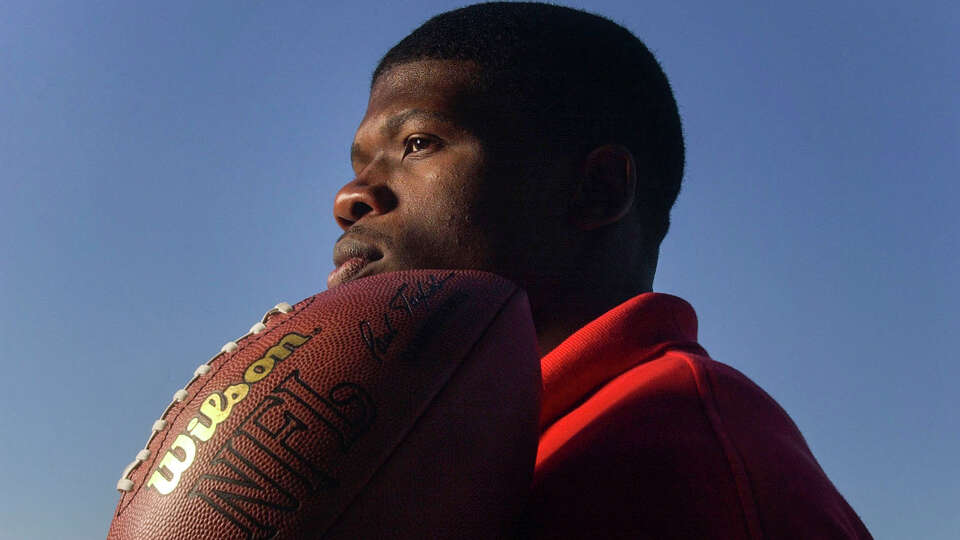 University of Miami reciever Andre Johnson, who may be the Houston Texans first pick in the upcoming NFL draft, photographed during a break in his tour of Texans facilities at Reliant Stadium, Wednesday afternoon, April 9, 2003. For Sports 2 story on the NFL draft. (Smiley N. Pool/Chronicle)