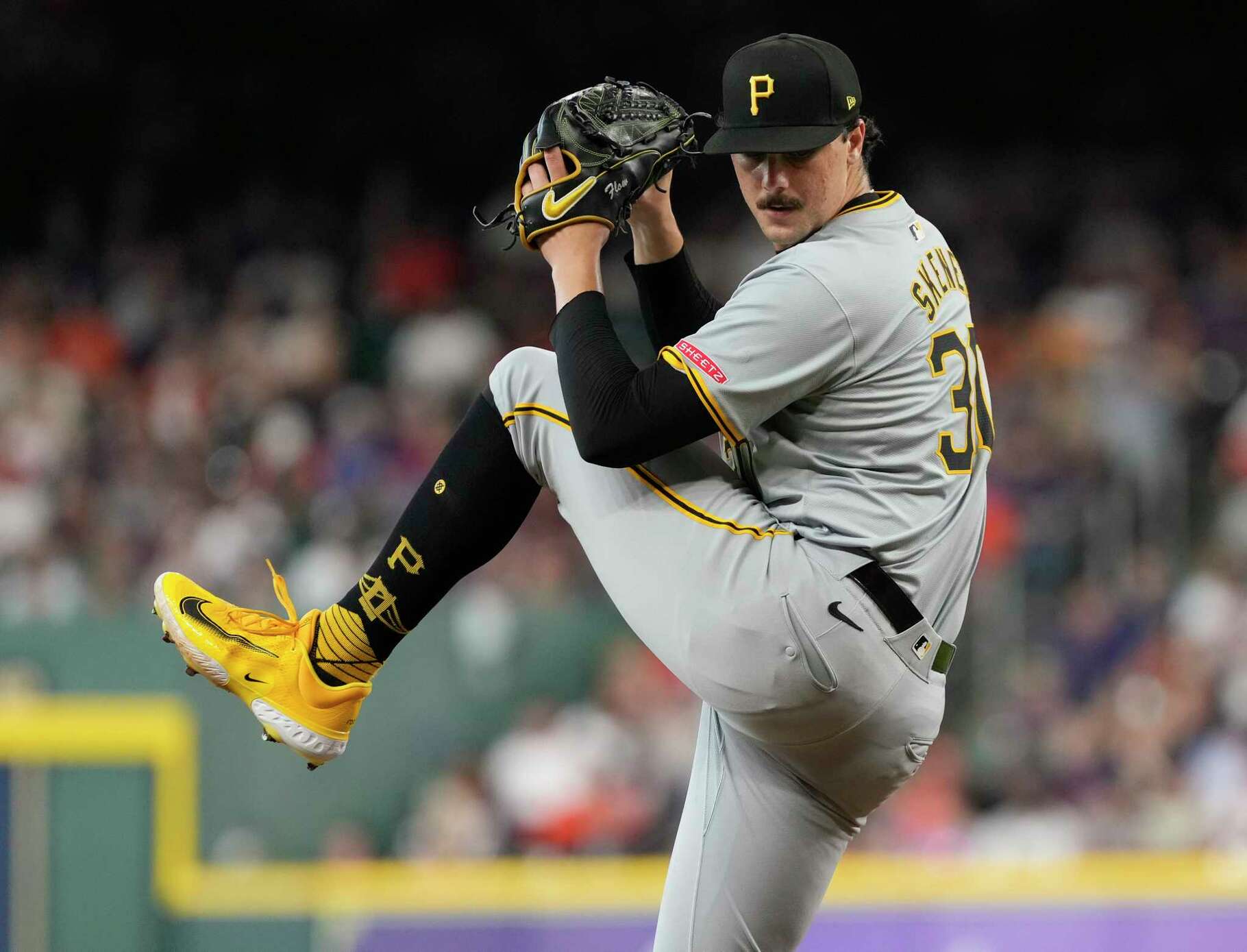Pittsburgh Pirates starting pitcher Paul Skenes (30) pitches against the Houston Astros during the bottom first inning of a MLB game Monday, July 29, 2024 at Minute Maid Park in Houston.