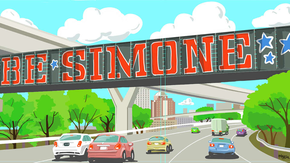 What if the famous Houston overpass sign were repainted to say 'Be Simone?' Drawn in recognition of Simone Biles leading the USA women's team to a gold medal in the 2024 Paris Olympics.