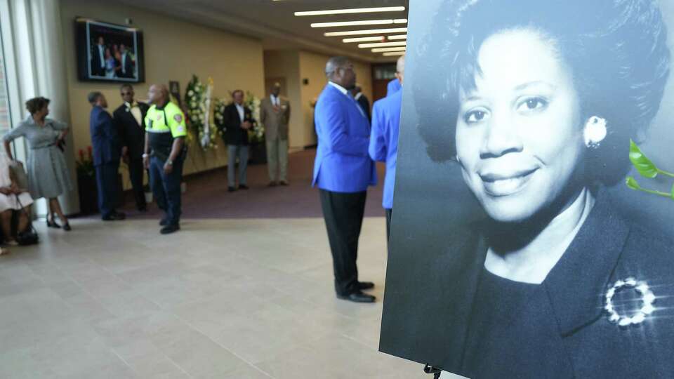 A photo of the late Congresswoman Sheila Jackson Lee is on display in the foyer of Wheeler Avenue Baptist Church during her viewing on Wednesday, July 31, 2024 in Houston.