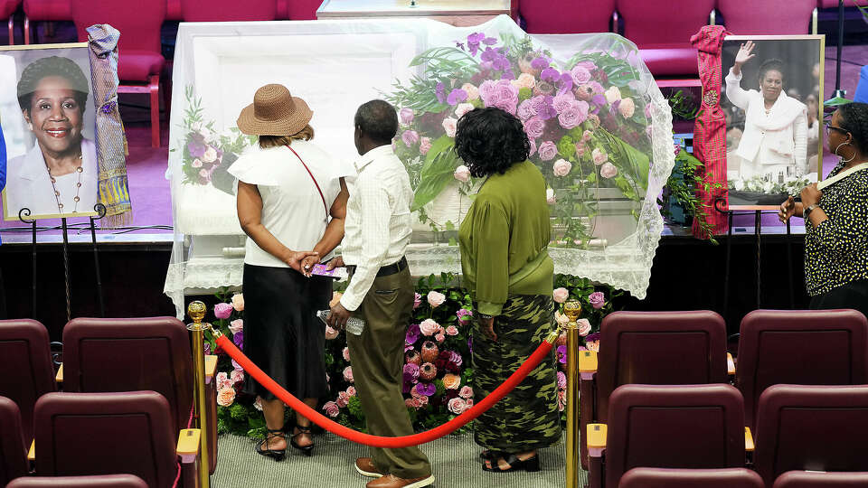 Attendees of the viewing and remembrance for the late Congresswoman Sheila Jackson Lee pay their respects at God’s Grace Community Church on Tuesday, July 30, 2024 in Houston.