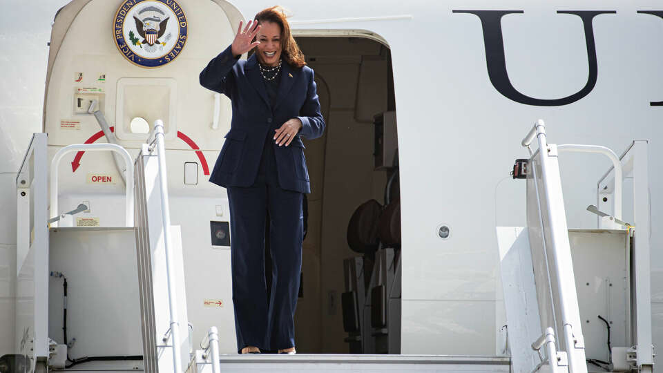 Vice President Kamala Harris steps off Air Force 2, Wednesday, July 31, 2024 in Houston. Harris visits Houston for a private fundraiser, speech, and to attend Sheila Jackson Lee’s memorial.