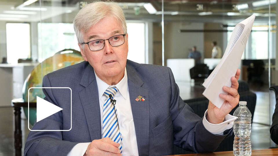 Lt. Gov. Dan Patrick speaks to members of the Houston Chronicle Editorial Board about the newspaper’s coverage of Hurricane Beryl on Tuesday, July 23, 2024, at the newspaper's office in Houston.