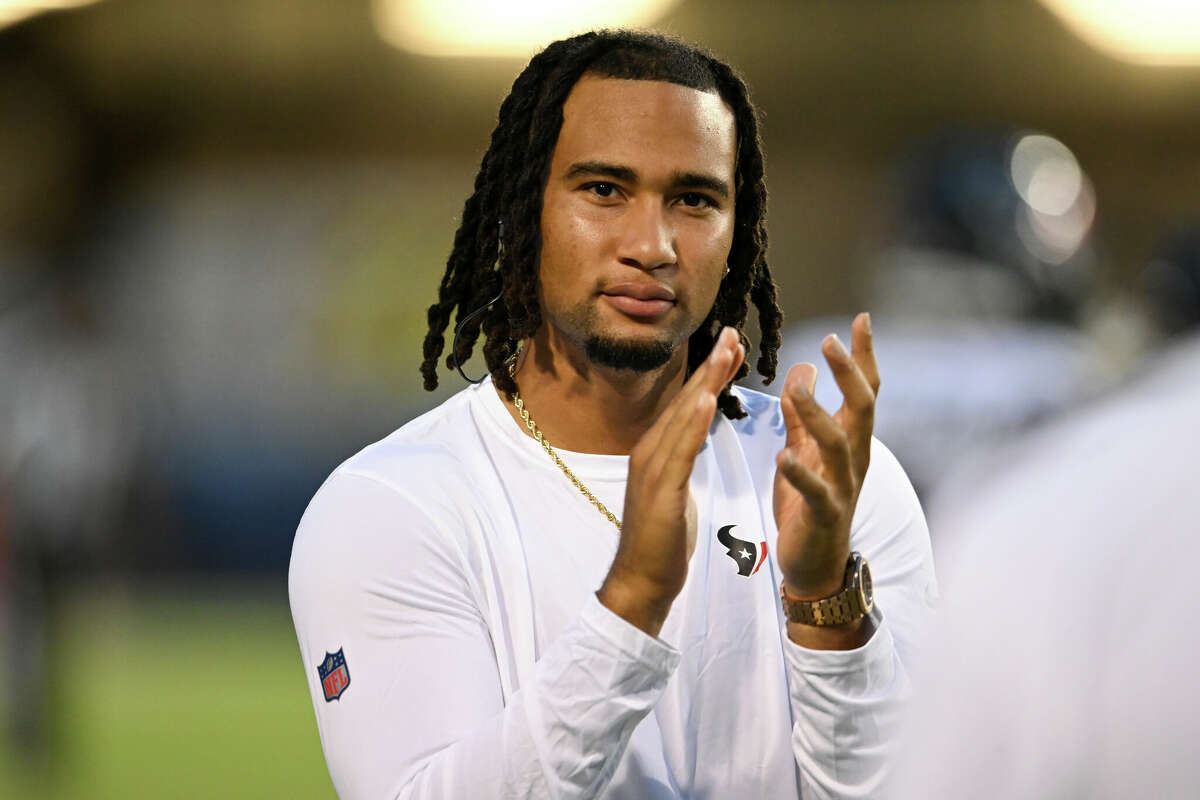 C.J. Stroud #7 of the Houston Texans looks on during the first half of the 2024 Pro Football Hall of Fame Game against the Chicago Bears.