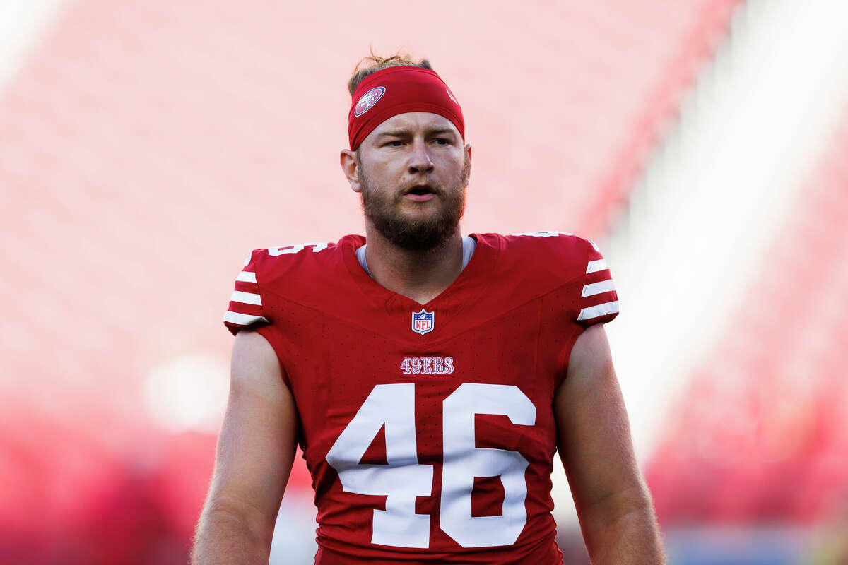 Taybor Pepper #46 of the San Francisco 49ers walks off the field during a game against the Los Angeles Chargers at Levi's Stadium on Aug. 25, 2023 in Santa Clara, Calif.