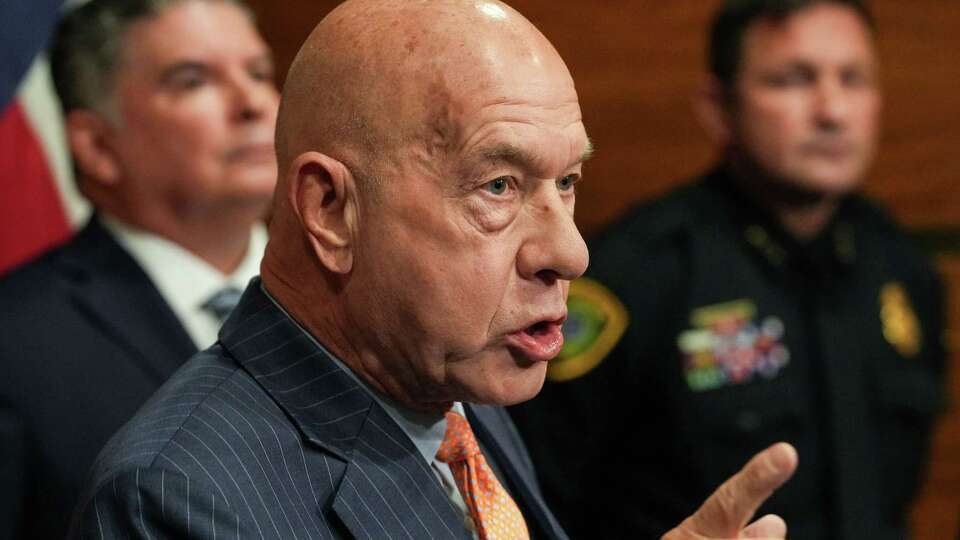 Mayor John Whitmire, center, speaks during a press conference with Noe Diaz, left, and interim Houston Police Chief Larry Satterwhite, right, on Friday, Aug. 2, 2024, at Houston City Hall in Houston. Whitmire announced that Diaz will be the new HPD chief.