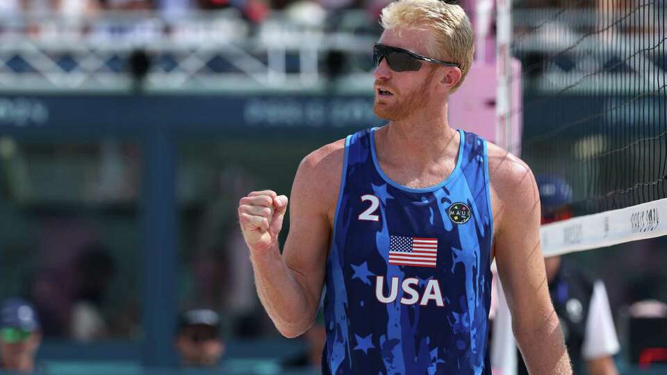 PARIS, FRANCE - AUGUST 02: Chase Budinger of Team United States reacts during a Men's Preliminary Phase match on day seven of the Olympic Games Paris 2024 at Eiffel Tower Stadium on August 02, 2024 in Paris, France.