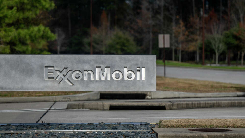 An entrance to the ExxonMobil Spring campus is seen on February 01, 2022 in Houston, Texas. 