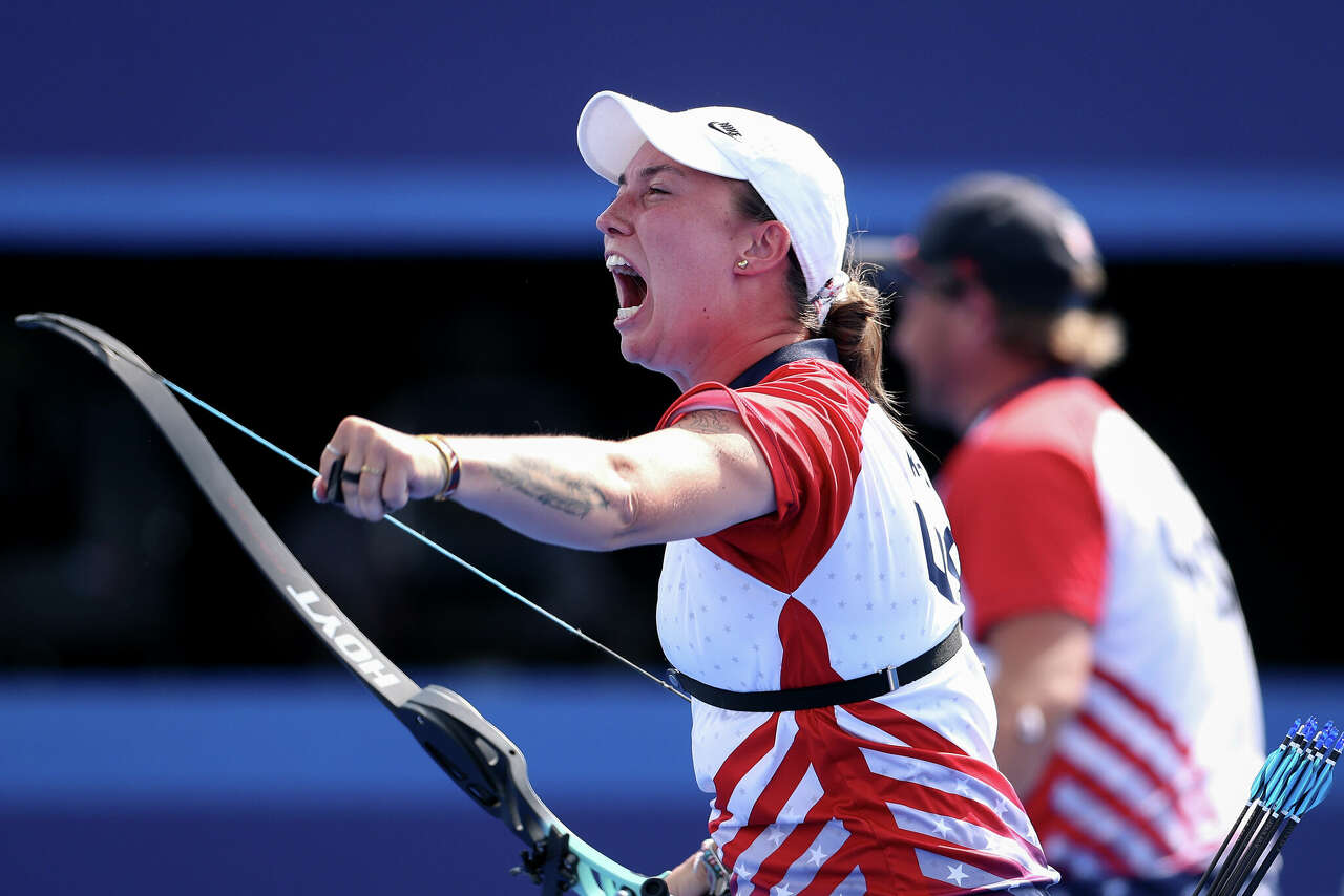 Casey Kaufhold of Team United States celebrates as Bronze medalist winner during the Archery Mixed Team Bronze medal match contest against Team India on day seven of the Olympic Games Paris 2024 at Esplanade Des Invalides on August 02, 2024 in Paris, France.