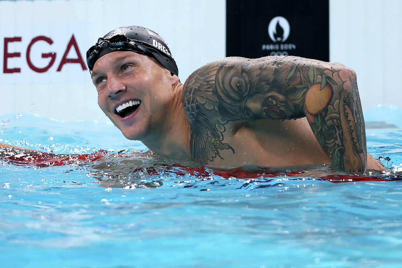 Caleb Dressel of Team United States reacts after competing in the Men's 50m Freestyle Final on day seven of the Olympic Games Paris 2024 at Paris La Defense Arena on August 02, 2024 in Nanterre, France.