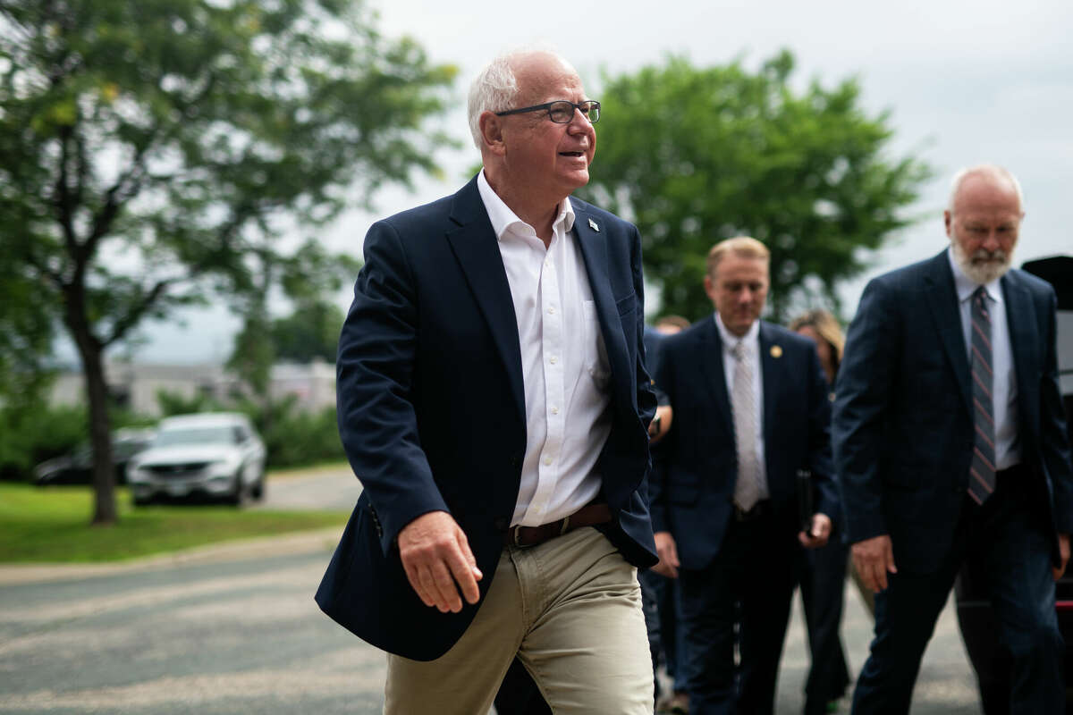 Minnesota Governor Tim Walz arrives to speak at a press conference regarding new gun legislation at City Hall on August 1, 2024 in Bloomington, Minnesota. Walz gushed over San Francisco in a recent interview with the New York Times, calling it “the most beautiful city” he’s ever been in.