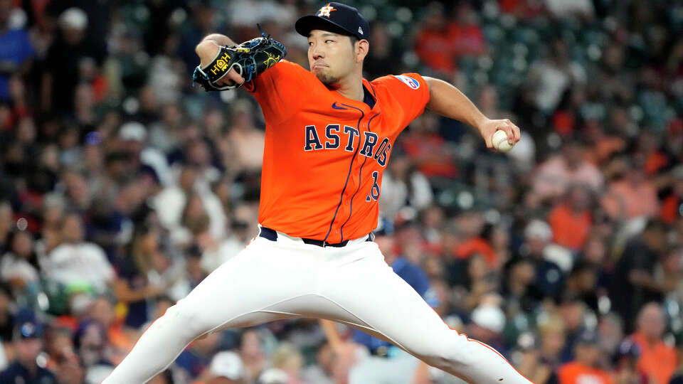 Houston Astros starting pitcher Yusei Kikuchi (16) pitches to Tampa Bay Rays Yandy Diaz (2) during the first inning of an MLB baseball game at Minute Maid Park on Friday, Aug. 2, 2024, in Houston.