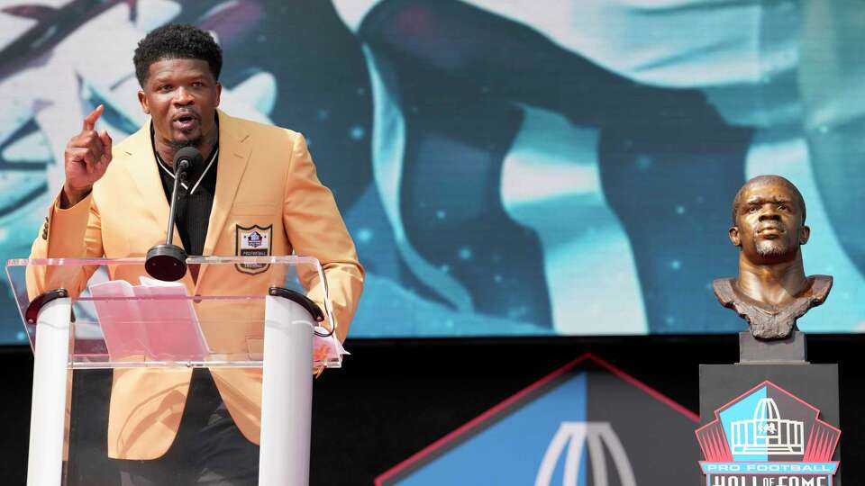 Former Houston Texans wide receiver Andre Johnson gives his speech during his induction into the Pro Football Hall of Fame in Saturday, Aug. 3, 2024 in Canton, Ohio. Johnson is the first Texans player to be inducted into the Hall of Fame.