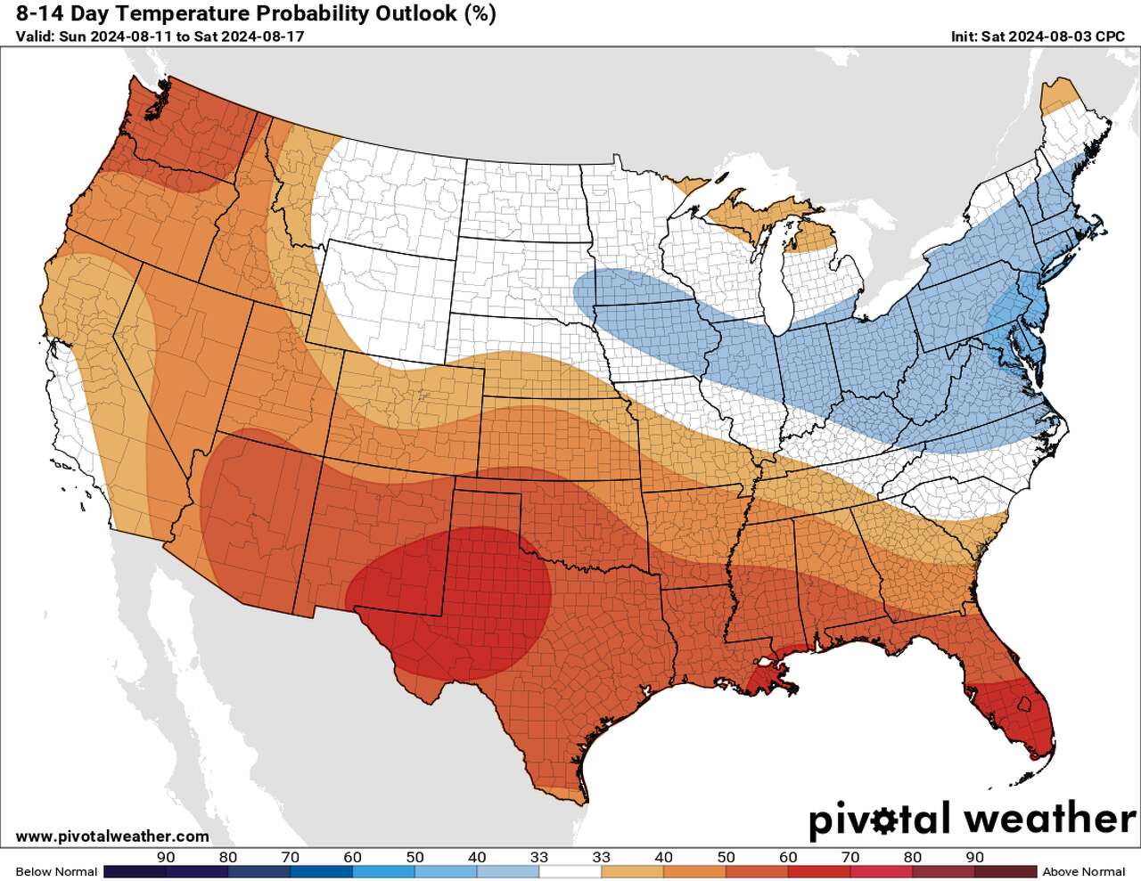 Shown is the Climate Prediction Center's temperature outlook through mid-August. The orange and red colors indicate where temperatures are expected to be above normal, while the blue color represents below normal temperatures. This map does not indicate how far above or below normal temperatures will be.