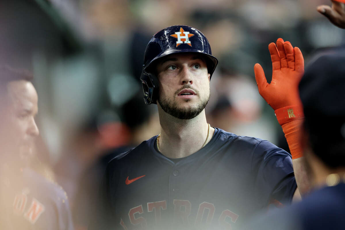 Kyle Tucker #30 of the Houston Astros is congratulated by teammates after a home run in the third inning against the Minnesota Twins at Minute Maid Park on June 01, 2024 in Houston, Texas.