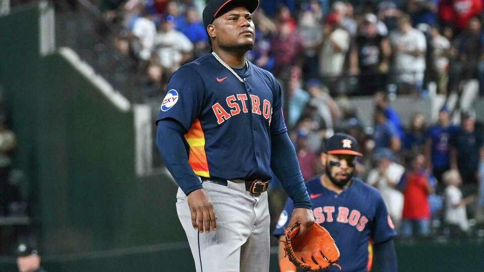 Houston Astros Framber Valdez stands on the mound before he exits the game in the ninth inning of a baseball game against the Texas Rangers, Tuesday, Aug 6, 2024, in Arlington, Texas. (AP Photo/Albert Pena)