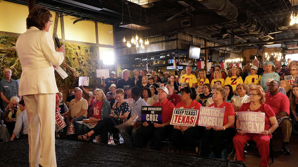 Kim Ogg speaks as Senator Ted Cruz hosted a law enforcement and public safety rally with law enforcement leaders at King's Bierhaus on Tuesday, Aug. 6, 2024, in Houston.