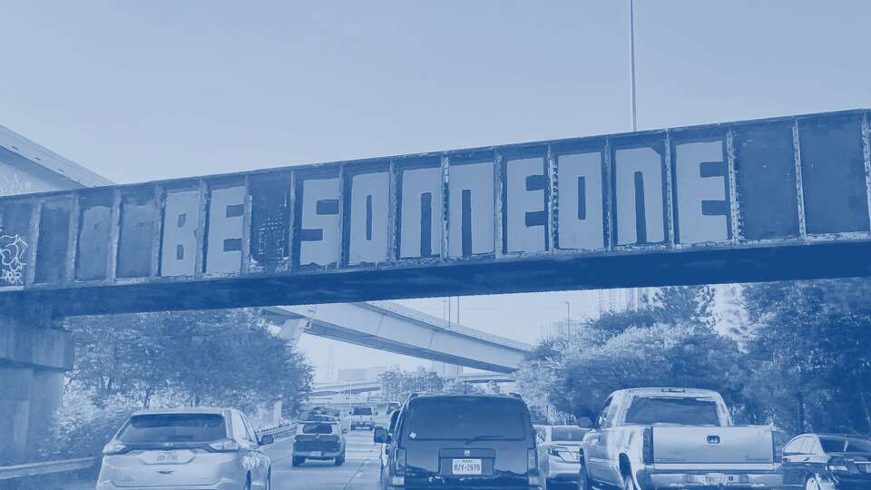 A smaller “Be Someone” was repainted overnight on the railroad bridge spanning I-45 just north of downtown Houston on Tuesday, Sept. 27, 2022.