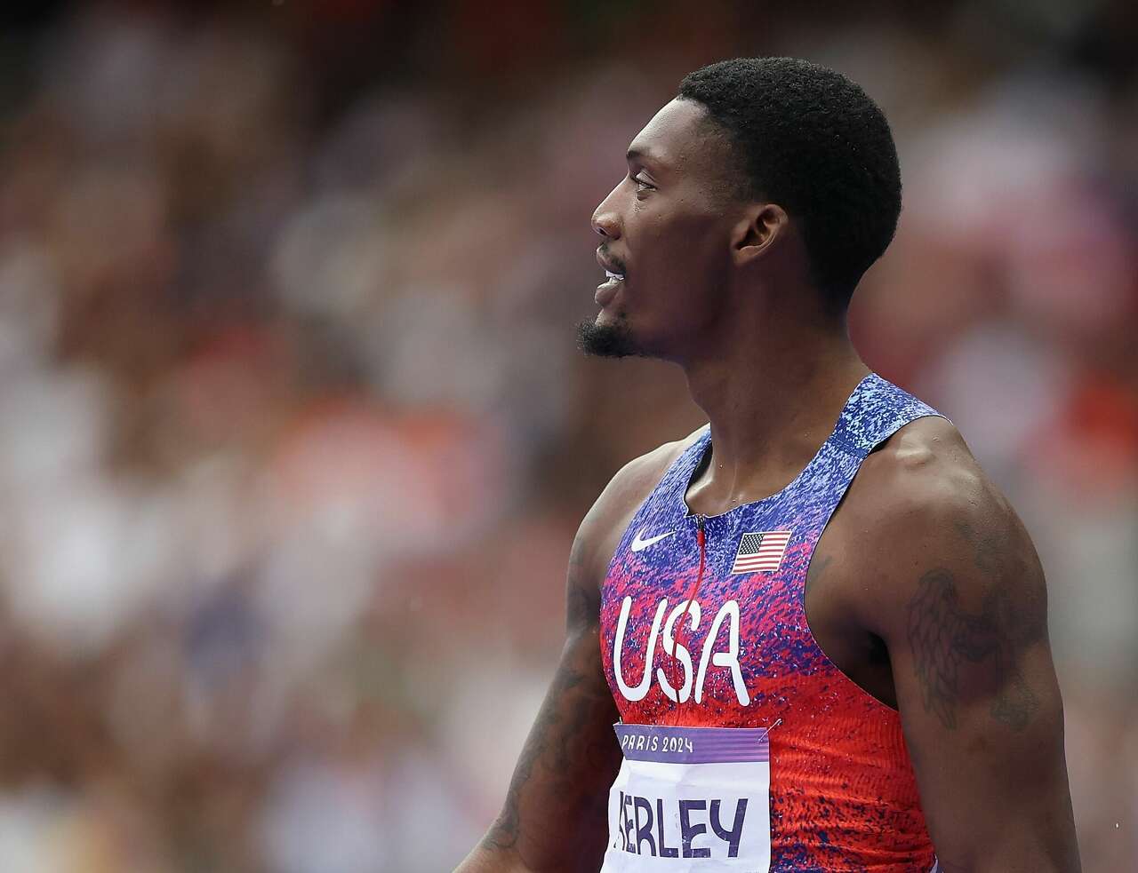 Fred Kerley after running final leg in the 4x100 relay. The U.S. was disqualified.