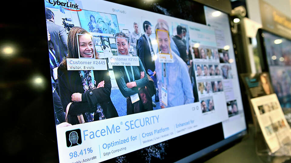 A video monitor displays attendees as their images are captured with facial recognition technology on January 8, 2020 in Las Vegas, Nevada. 