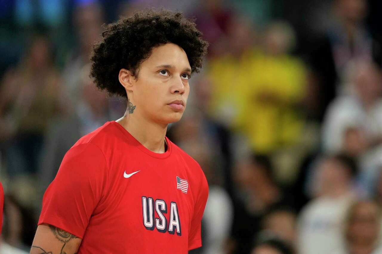 United States' Brittney Griner (15) is seen before the game against Australia during a women's semifinal basketball game at Bercy Arena at the 2024 Summer Olympics, Friday, Aug. 9, 2024, in Paris, France. (AP Photo/Michael Conroy)