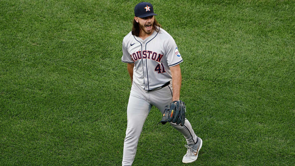 Pitcher Spencer Arrighetti #41 of the Houston Astros shouts out after retiring the Boston Red Sox in the seventh inning at Fenway Park on August 10, 2024 in Boston, Massachusetts. (Photo By Winslow Townson/Getty Images)