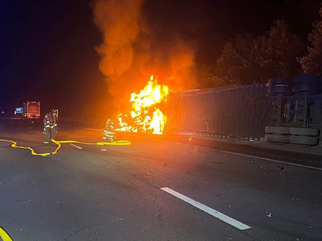Police: Fiery tractor-trailer crash in Tolland closes lanes on I-84