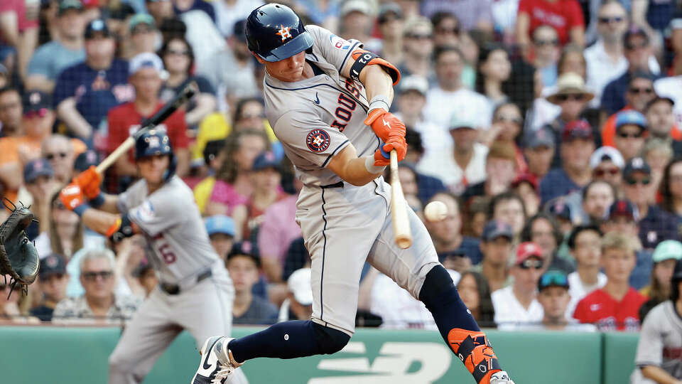 Zach Dezenzo #9 of the Houston Astros connects on his first career home run against the Boston Red Sox during the eighth inning at Fenway Park on August 10, 2024 in Boston, Massachusetts. (Photo By Winslow Townson/Getty Images) ***BESTPIX***