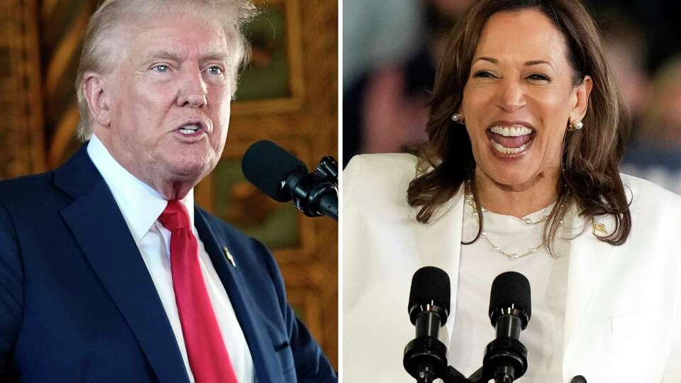 Republican presidential nominee former President Donald Trump speaks to reporters during a news conference, Aug. 8, 2024, in Palm Beach, Fla., left, and Democratic presidential nominee Vice President Kamala Harris speaks at a campaign rally, Aug. 7, 2024, in Romulus, Mich.